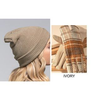 2/$25 Set of New Slouchy Knit Beanie and Ivory color plaid Gloves set